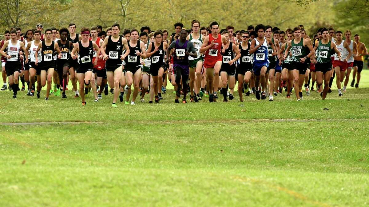 The start of the SCC boys cross country championship at East Shore Park in New Haven in 2019. Things will look differently this season with staggered start times, both boys and girls, throughout the championship meet because only 50 runners are allowed per race due to COVID-19.
