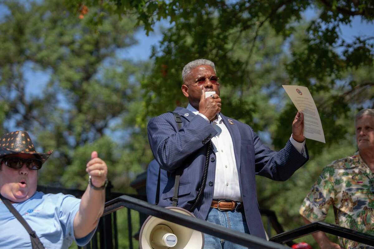 Republican Party of Texas Chairman Allen West speaks at a rally protesting Gov. Greg Abbott’s mask mandates and business closures and restrictions at the Governor's Mansion on October 10, 2020 in Austin, Texas.