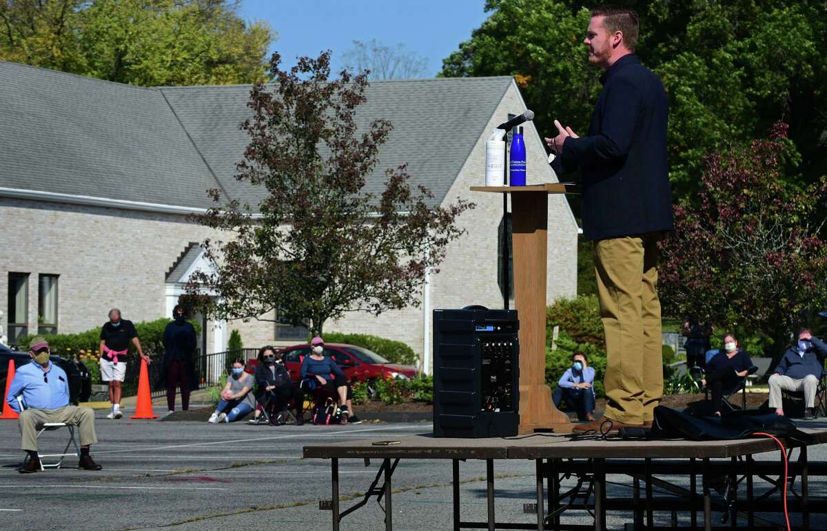 Members of the Wilton Clergy Association including Pastor Don Hay of Hope Church lead the community in prayers, readings, music and time for reflection for the three people who died recently during an event Saturday, October 10, 2020, at Our Lady of Fatima in Wilton, Conn.