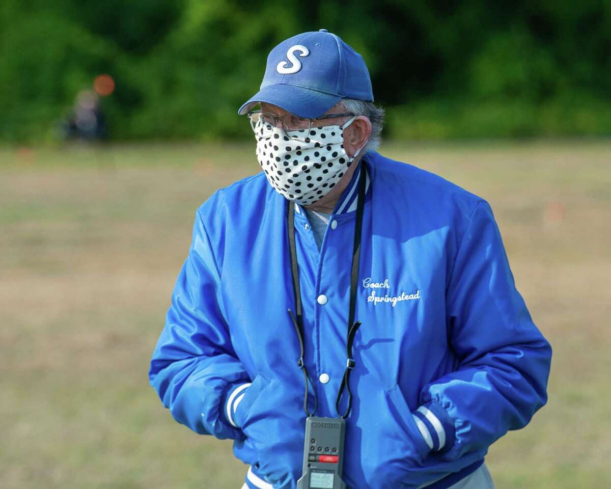 A masked Shaker High cross country coach Ed Springstead during a race against Burnt Hills Ballston Lake at the Crossings in Colonie, NY, on Saturday, Oct. 10, 2020 (Jim Franco, special to the Times Union.)