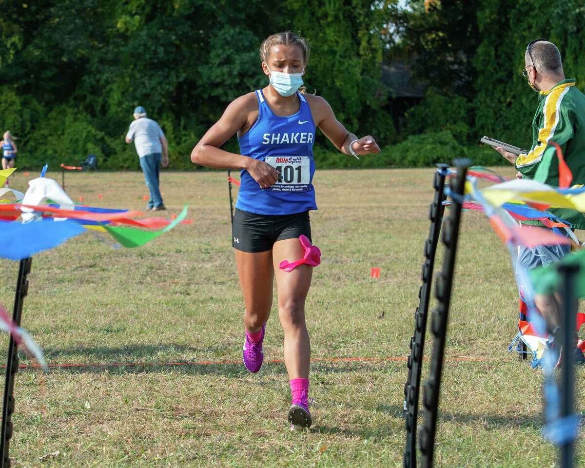 Shaker girls varsity cross country runner Leonni Griffin crosses the finish line during a race against Burnt Hills Ballston Lake at the Crossings in Colonie, NY, on Saturday, Oct. 10, 2020 (Jim Franco, special to the Times Union.)