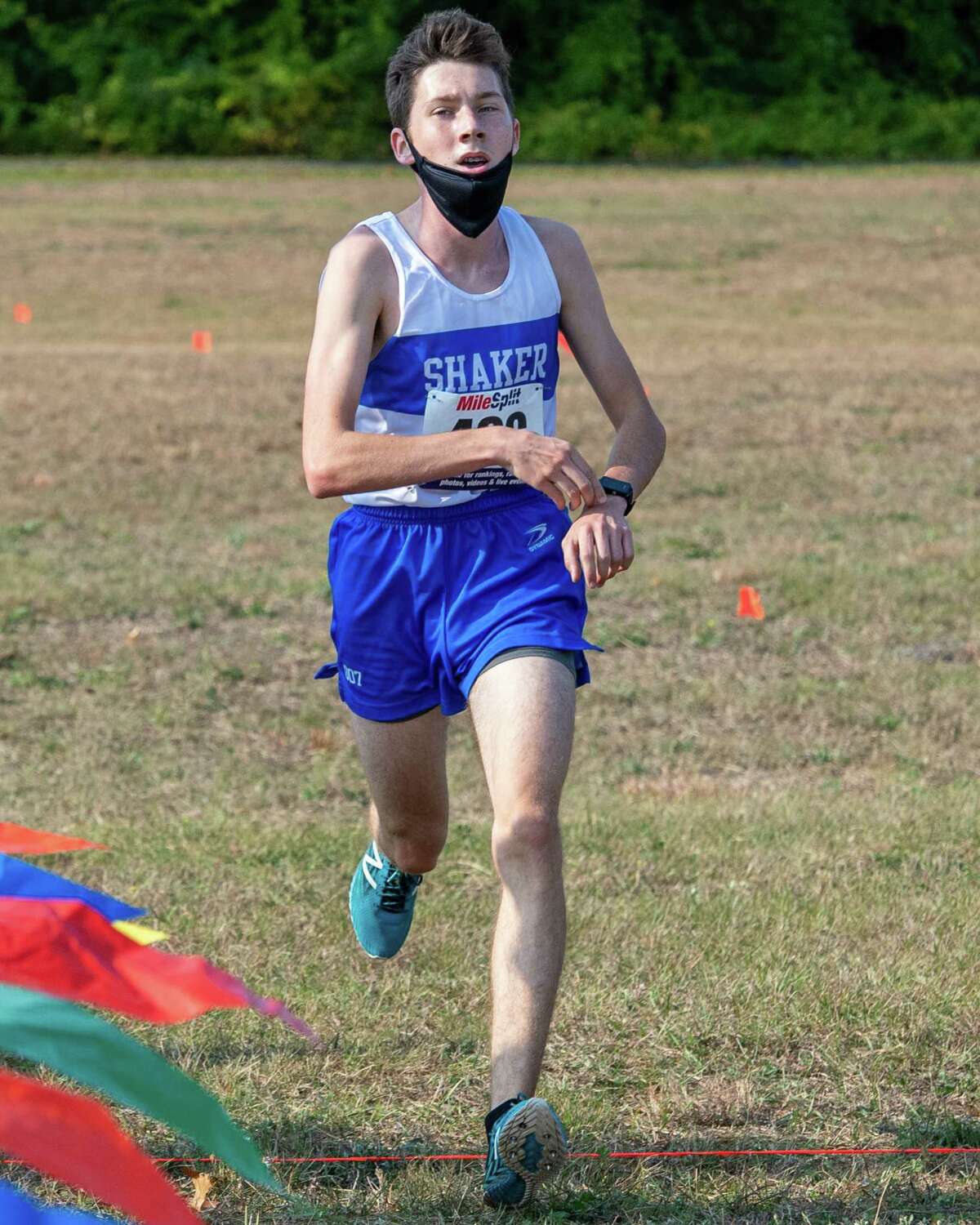 Shaker boys varsity cross country runner Dan Pavelec crosses the finish line during a race against Burnt Hills Ballston Lake at the Crossings in Colonie, NY, on Saturday, Oct. 10, 2020 (Jim Franco, special to the Times Union.)
