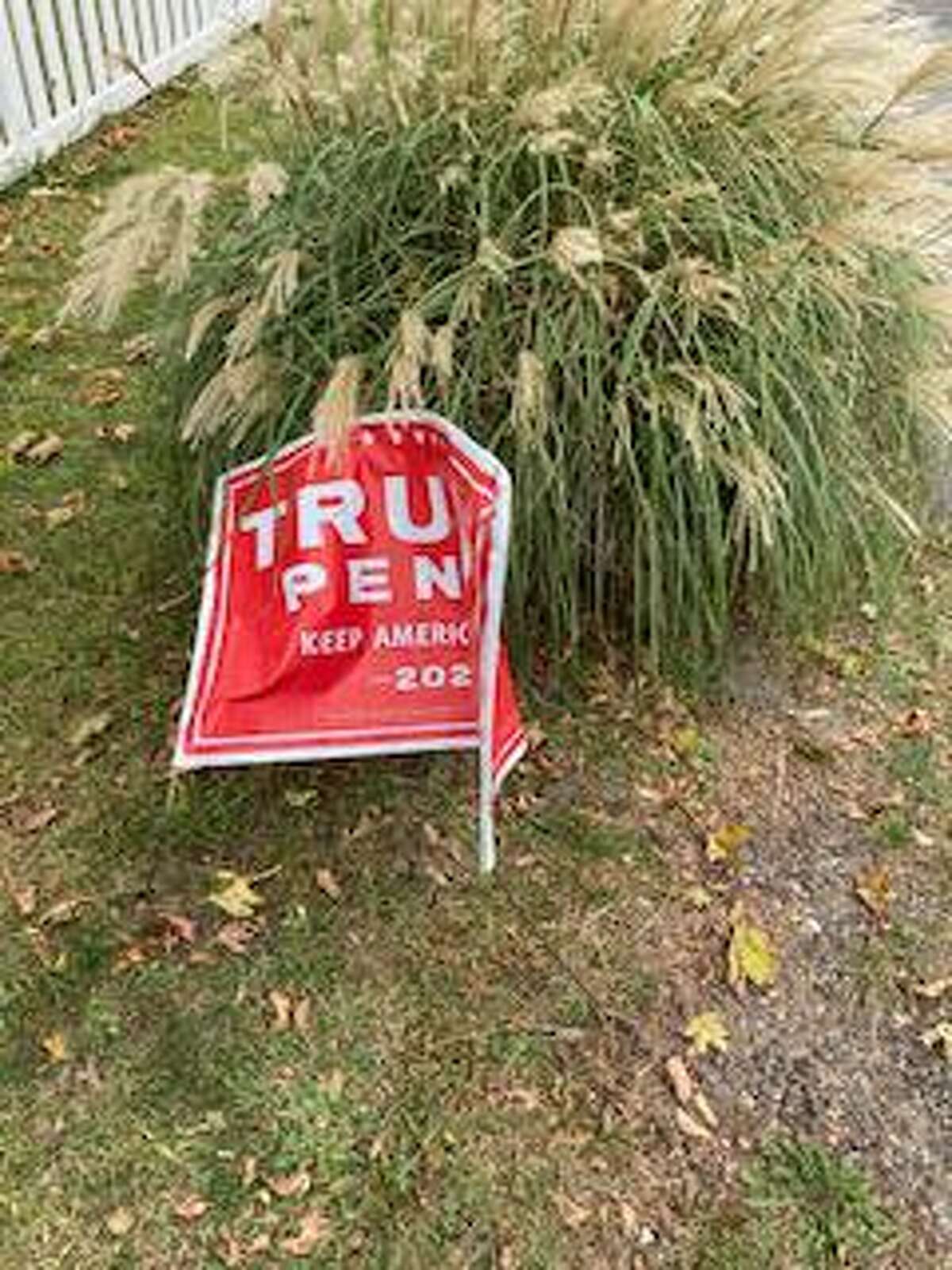 A sign belong to F.X. Flaherty, a Post Road resident, showing support for President Donald Trump was destroyed outside his home, he said.