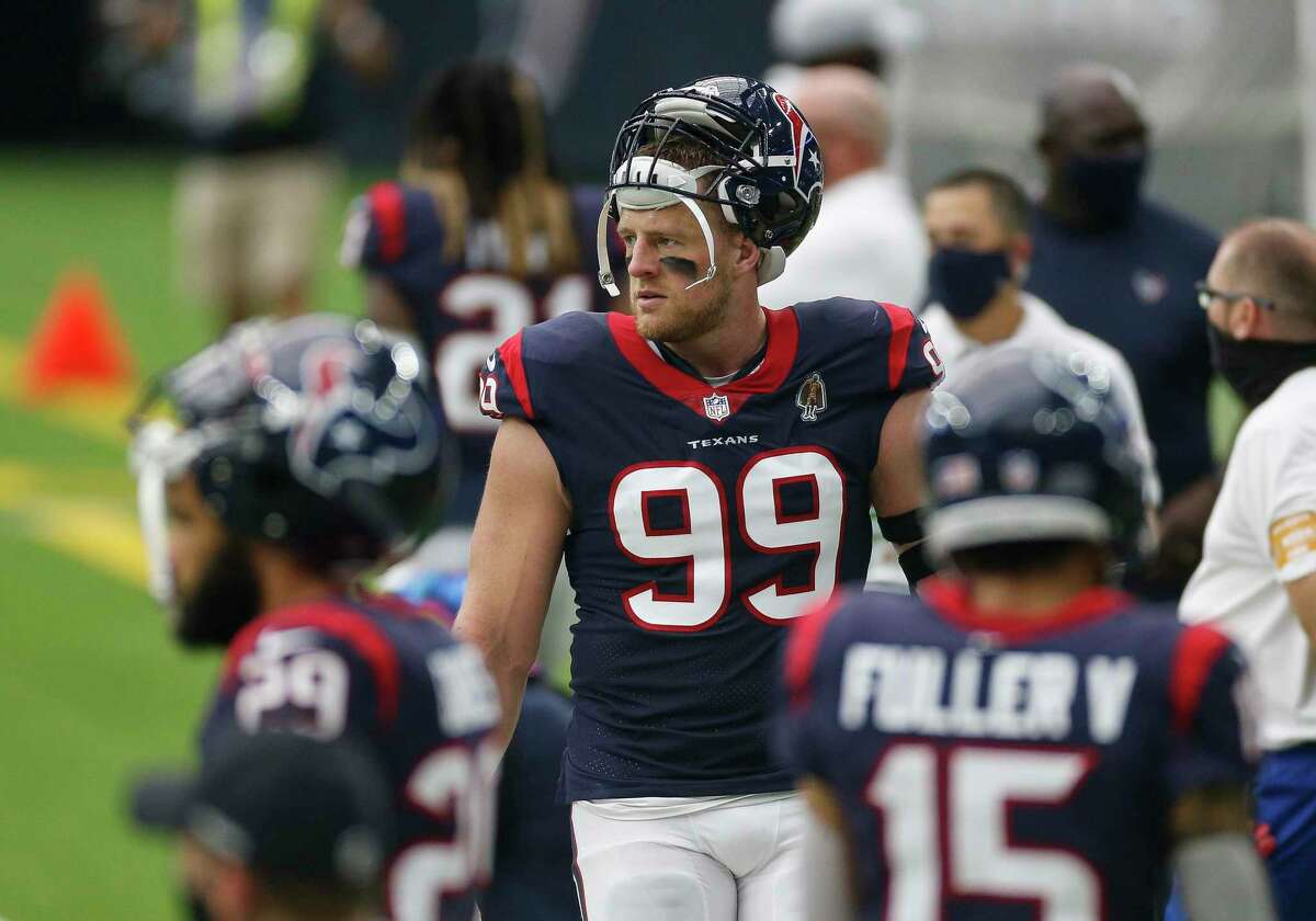 Houston Texans defensive end J.J. Watt (99) walks along the sidelines during warmup, before the start of an NFL game against the Jacksonville Jaguars at NRG Stadium on Sunday, Oct. 11, 2020, in Houston.