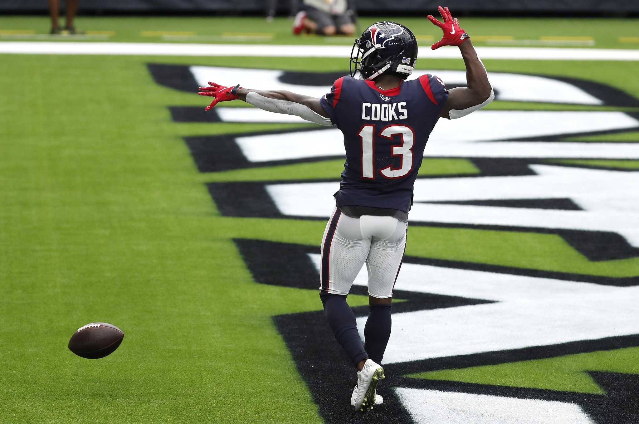 Houston Texans wide receiver Brandin Cooks (13) runs the ball upfield  during NFL football training camp, Thursday, Aug. 20, 2020, in Houston.  (Brett Coomer/Houston Chronicle via AP, Pool Stock Photo - Alamy