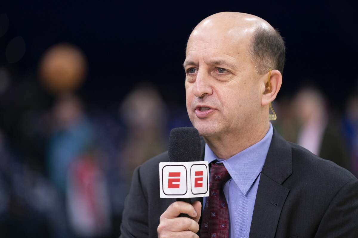 PHILADELPHIA, PA - DECEMBER 18: ESPN analyst Jeff Van Gundy talks prior to the game between the Miami Heat and Philadelphia 76ers at the Wells Fargo Center on December 18, 2019 in Philadelphia, Pennsylvania. NOTE TO USER: User expressly acknowledges and agrees that, by downloading and/or using this photograph, user is consenting to the terms and conditions of the Getty Images License Agreement. (Photo by Mitchell Leff/Getty Images)