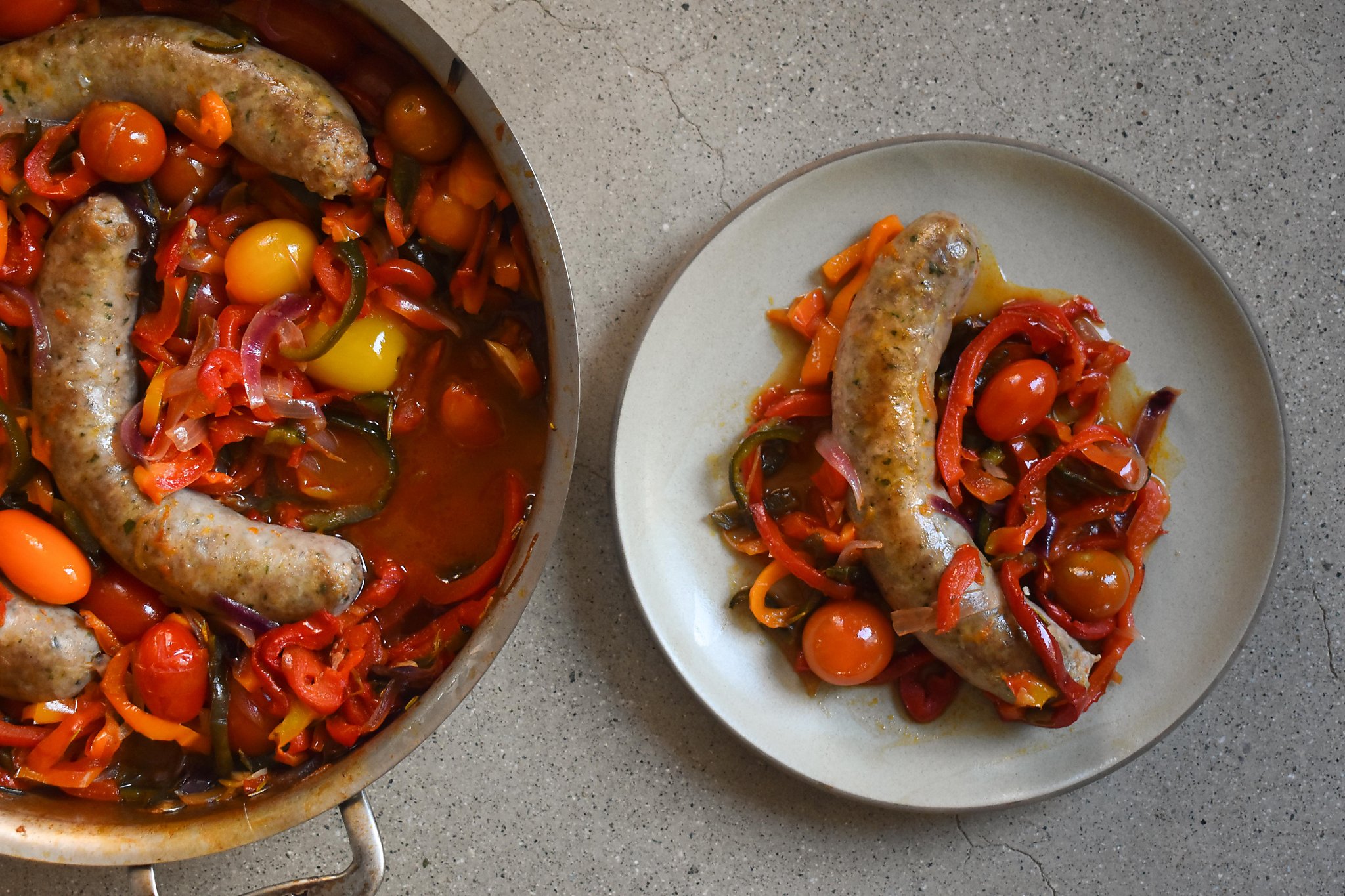 Roasting sweet lateseason peppers with sausages lets the flavors bloom