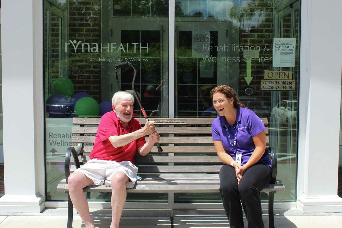 Bill Bagley of Ridgefield enjoys a laugh with RVNAhealth physical therapist Casey Sarmiere following treatment. Ninety-seven percent of RVNAhealth Rehabilitation & Wellness Center patients rate their PT's understanding of their condition and goals as