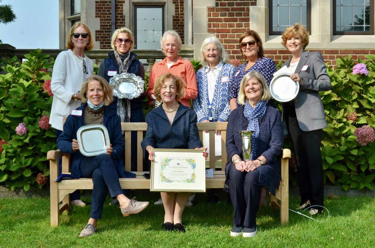 Accepting awards are New Canaan Garden Club members, (first row): Alice Wyman, Kristin Johnson and Catharine Sturgess; (second row): Jane Gamber, Kajsa Sheibley, Gill Foster, Fran O’Neil, Kate Burt and Judy Neville. Missing are: Anne MacKenzie, Maura Craig and Mary Tanzi.