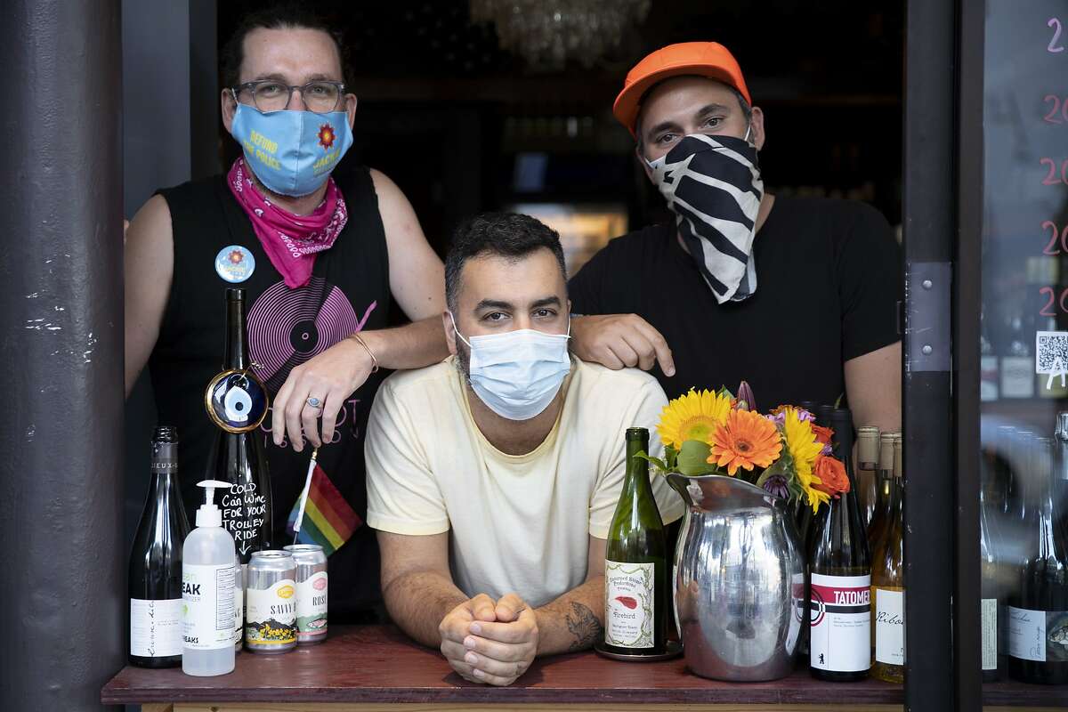 From left: Habibi Bar owners Andrew Paul Nelson, Essam Kardosh and Bahman Safari, Thursday, Sept. 24, 2020, in San Francisco, Calif. The pop-up is located at Bacchus Wine Bar.