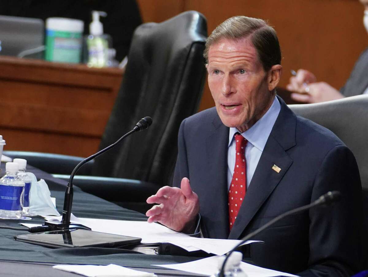 Sen. Richard Blumenthal, D-Conn., speaks before the Senate Judiciary Committee on day two of Judge Amy Coney Barrett’s confirmation hearings to become an Associate Justice of the U.S. Supreme Court on Tuesday in Washington.