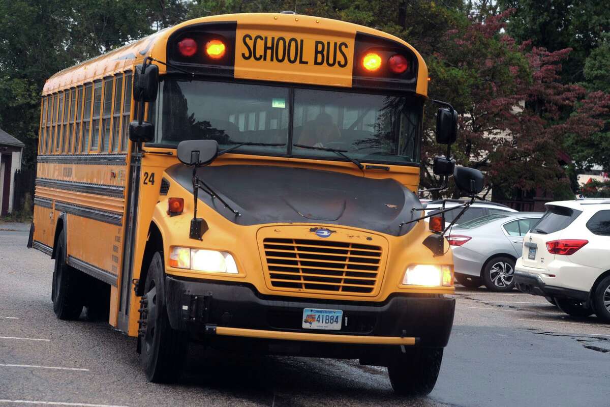 A City of Shelton school bus at Sunnyside Elementary School, in Shelton, Conn. Oct. 13, 2020.