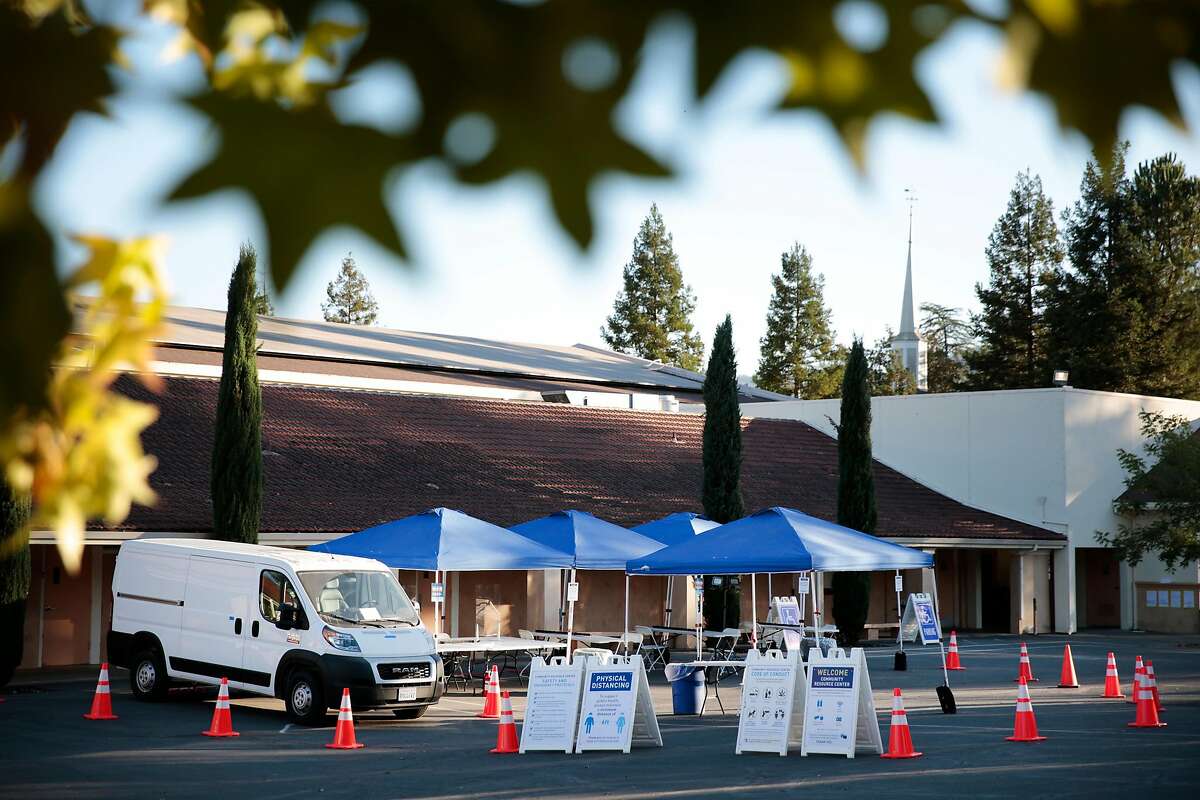 A Community Resource Center sits ready for any PG&E shut-offs at St. Helena Catholic School in St. Helena, California, Tuesday, October 13, 2020. Many in the area area preparing for PG&E Public Safety Power Shutoffs in the area.