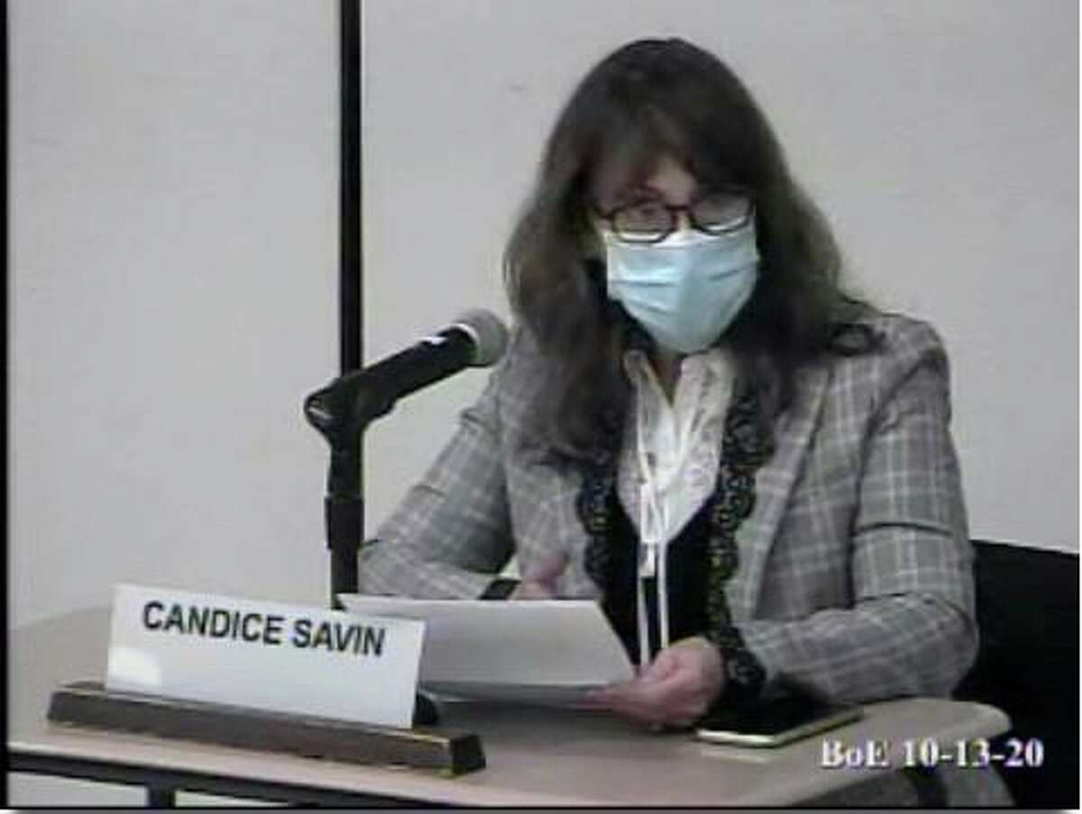 Board of Education Chair Candice Savin speaks at a BOE meeting on Tuesday. Taken Oct. 13, 2020.