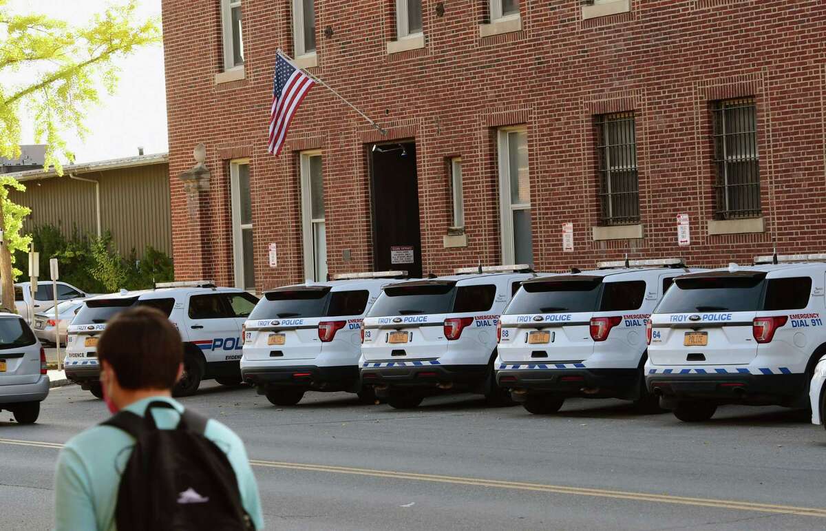 Police cars are seen parked outside the Troy Police Station on Wednesday, Oct. 14, 2020 in Troy, N.Y. (Lori Van Buren/Times Union)