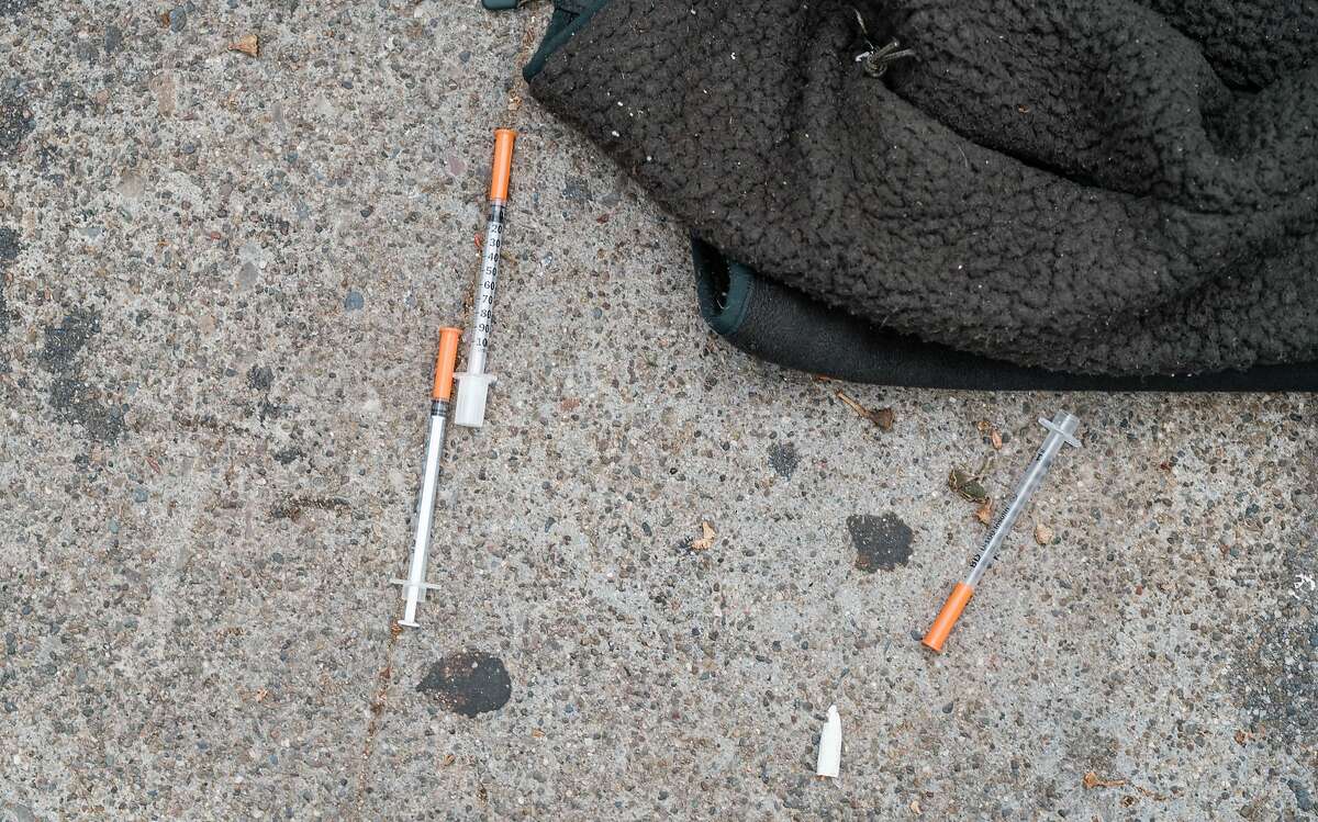 Discarded syringes on a sidewalk in the Tenderloin.