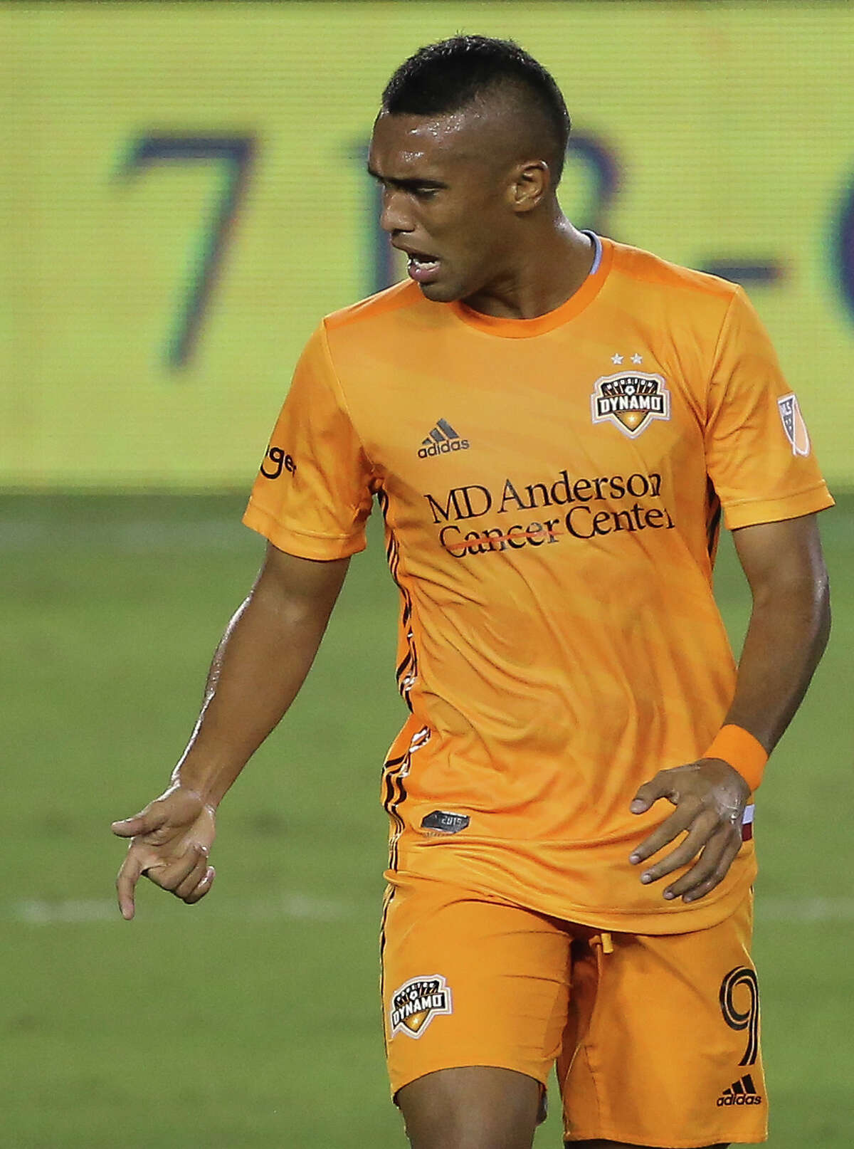 Houston Dynamo forward Mauro Manotas (9) is frustrated after not scoring a goal during the first half of a MLS game against the Nashville SC Wednesday, Oct. 14, 2020, at BBVA Stadium in Houston.
