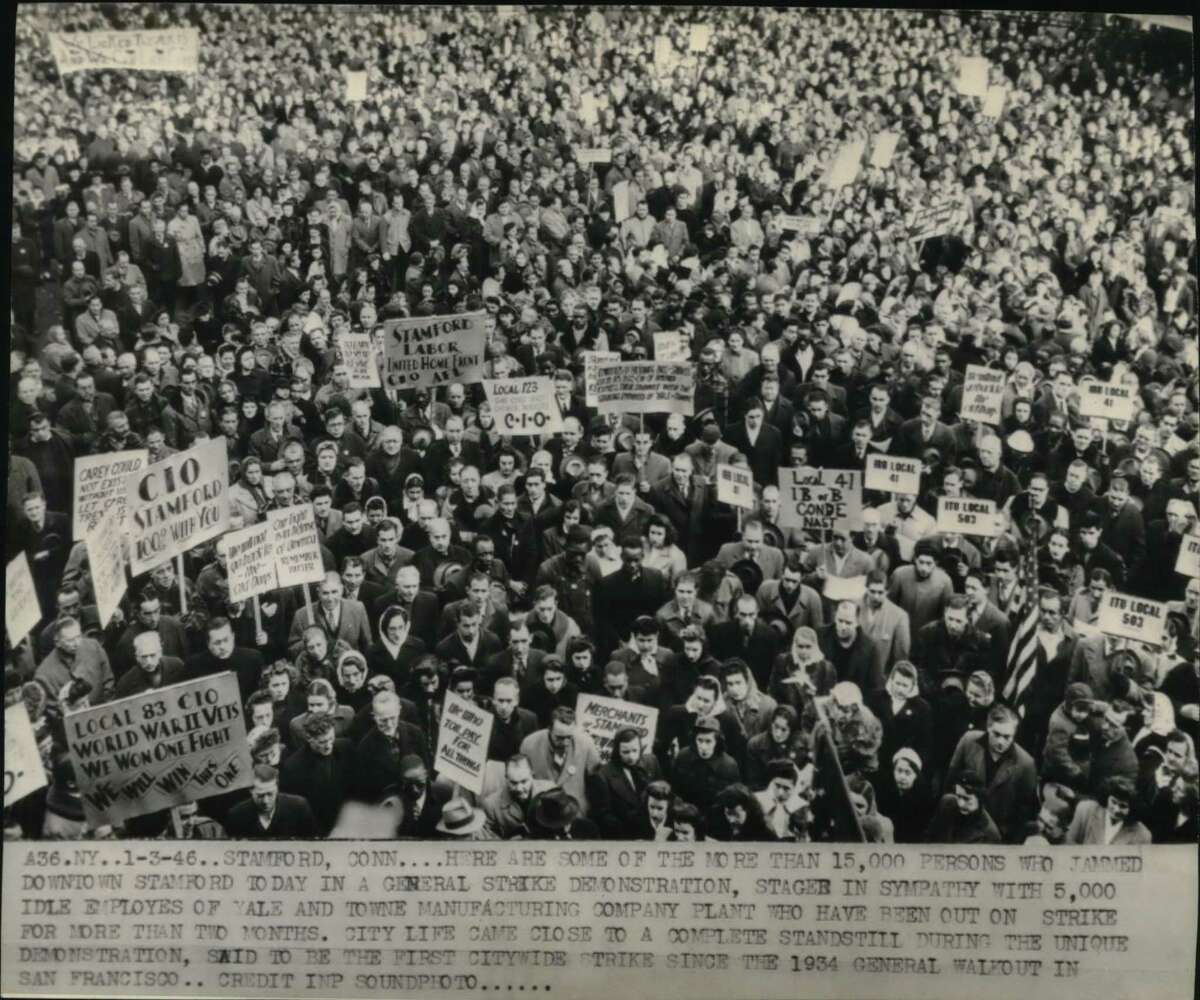 More than 15,000 people jammed Stamford in a general strike demonstration in 1946, staged in sympathy with 5,000 idle employees of Yale & Towne Manufacturing Company Plant workers who had been out on strike for more than two months.