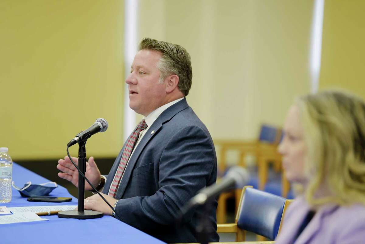 Albany County Executive Dan McCoy speaks at a briefing on the increase in COVID-19 positive cases on Thursday, Oct. 15, 2020, in Albany, N.Y. (Paul Buckowski/Times Union)