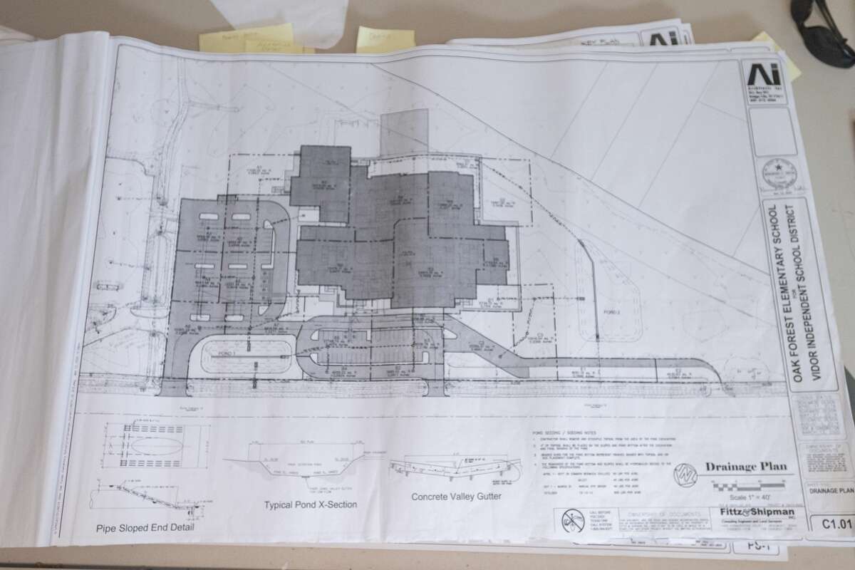 Plans for the new elementary school sit on the engineering table in the work site office. The Viidor ISD has begun working on the rebuilding of Vidor Middle School and Oak Forest Elementary School. Photo made on October 12, 2020. Fran Ruchalski/The Enterprise