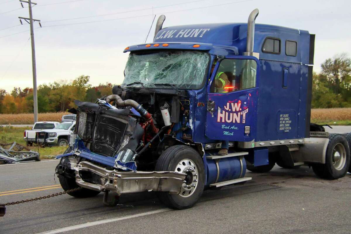 The cab of a tractor trailer is badly damaged after an accident Oct. 15. (Scott Nunn/Huron Daily Tribune)