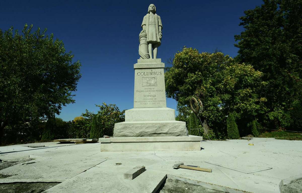 The Columbus statue at the St. Ann Club Wednesday, October 14, 2020, in Norwalk, Conn. Months after the city removed it from Heritage Park, Norwalk's Columbus statue has found a new home at the Club.