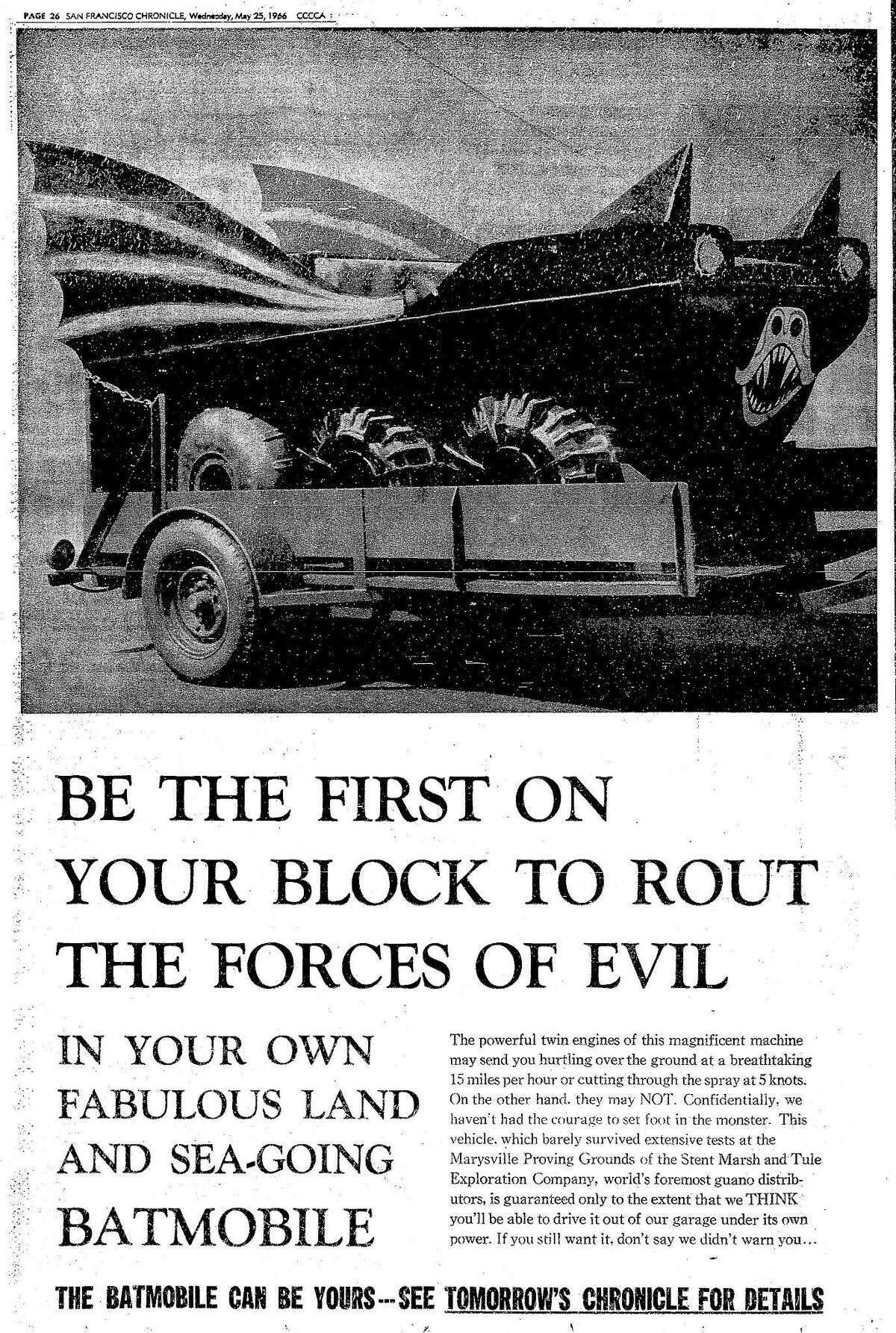 1966年5月25日，《纪事报》整版广告宣传他们的蝙蝠车比赛