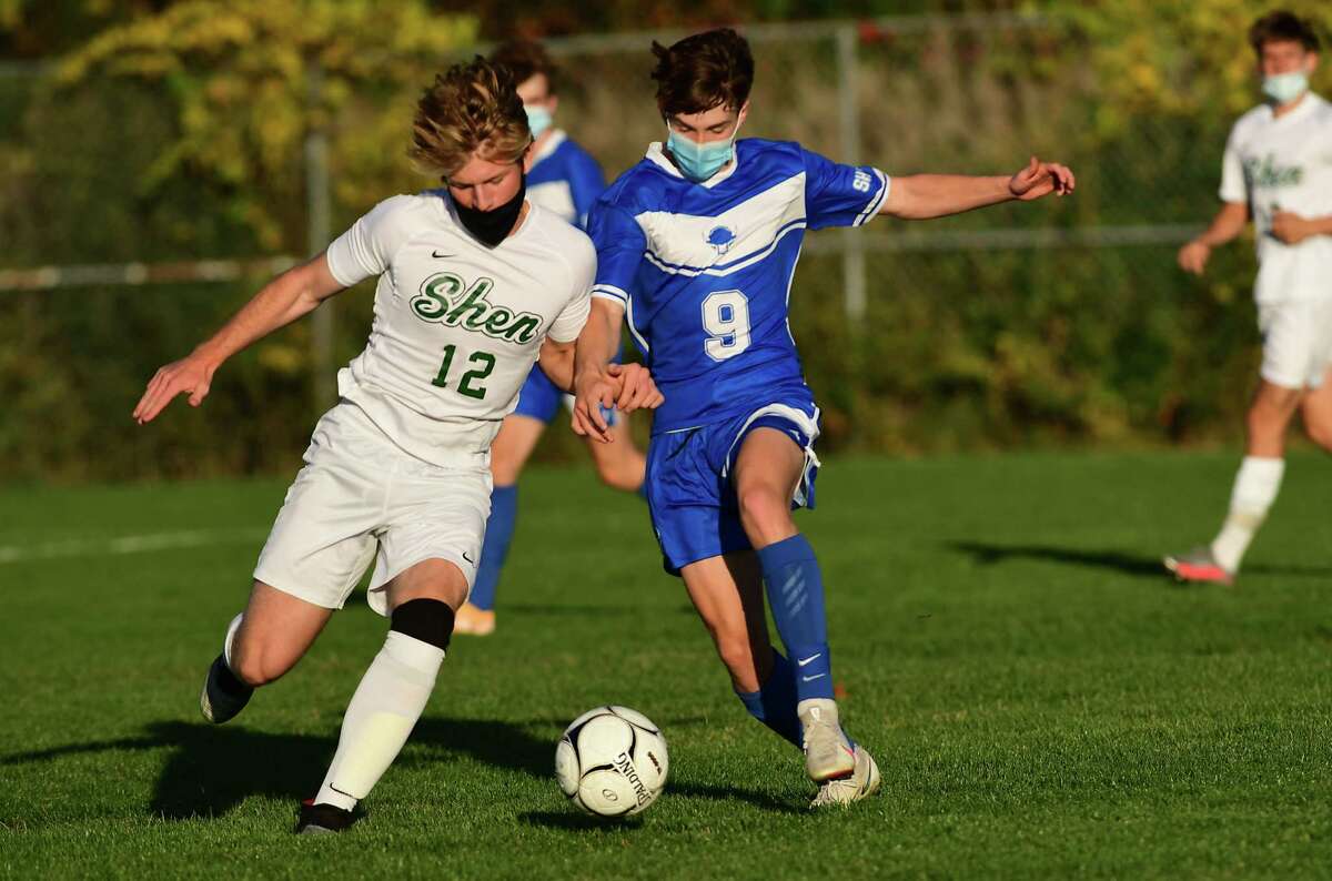 Shaker High’s Colin Brant, shown in a game in 2020, led the area in scoring with 20 goals this season, earning Athlete of the Year honors.