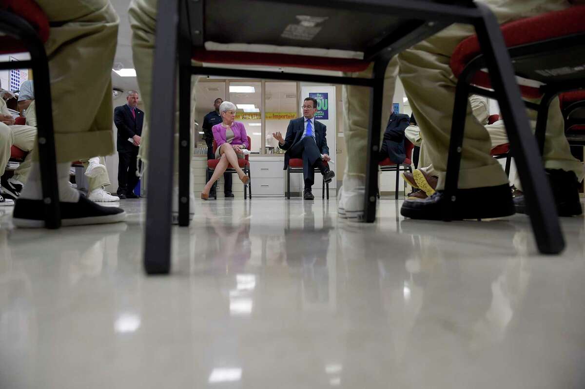 Lt. Gov. Nancy Wyman and Gov. Dannel Malloy meet with inmates at the Hartford Correctional Center on Thursday, July 16, 2015.