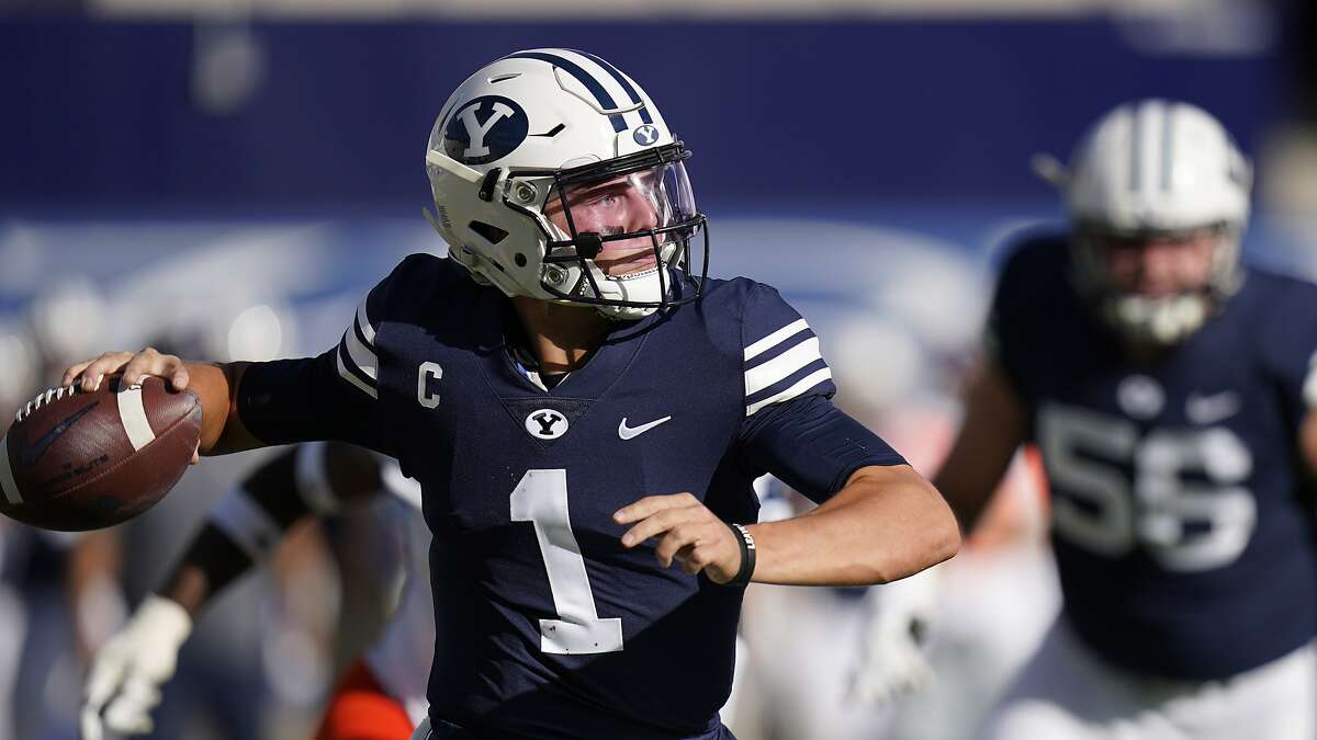 BYU quarterback Zach Wilson (1) throws downfield in the second half during an NCAA college football game against UTSA Saturday, Oct. 10, 2020, in Provo, Utah. (AP Photo/Rick Bowmer, Pool)