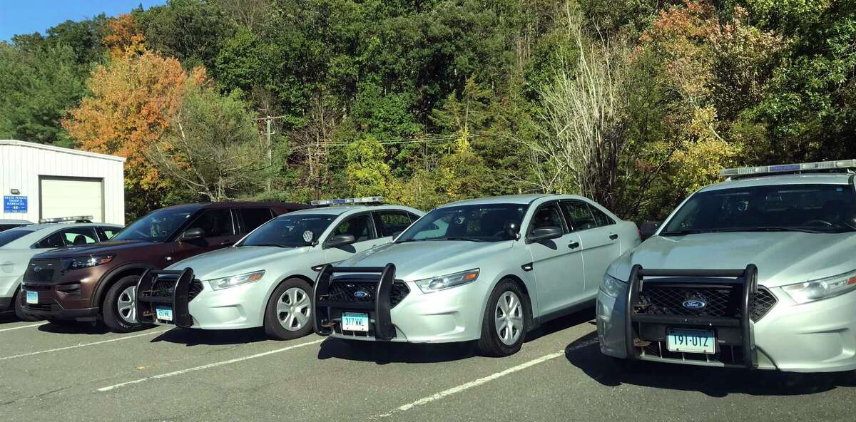 State police cruisers at the Connecticut State Police barracks in Southbury, Conn.