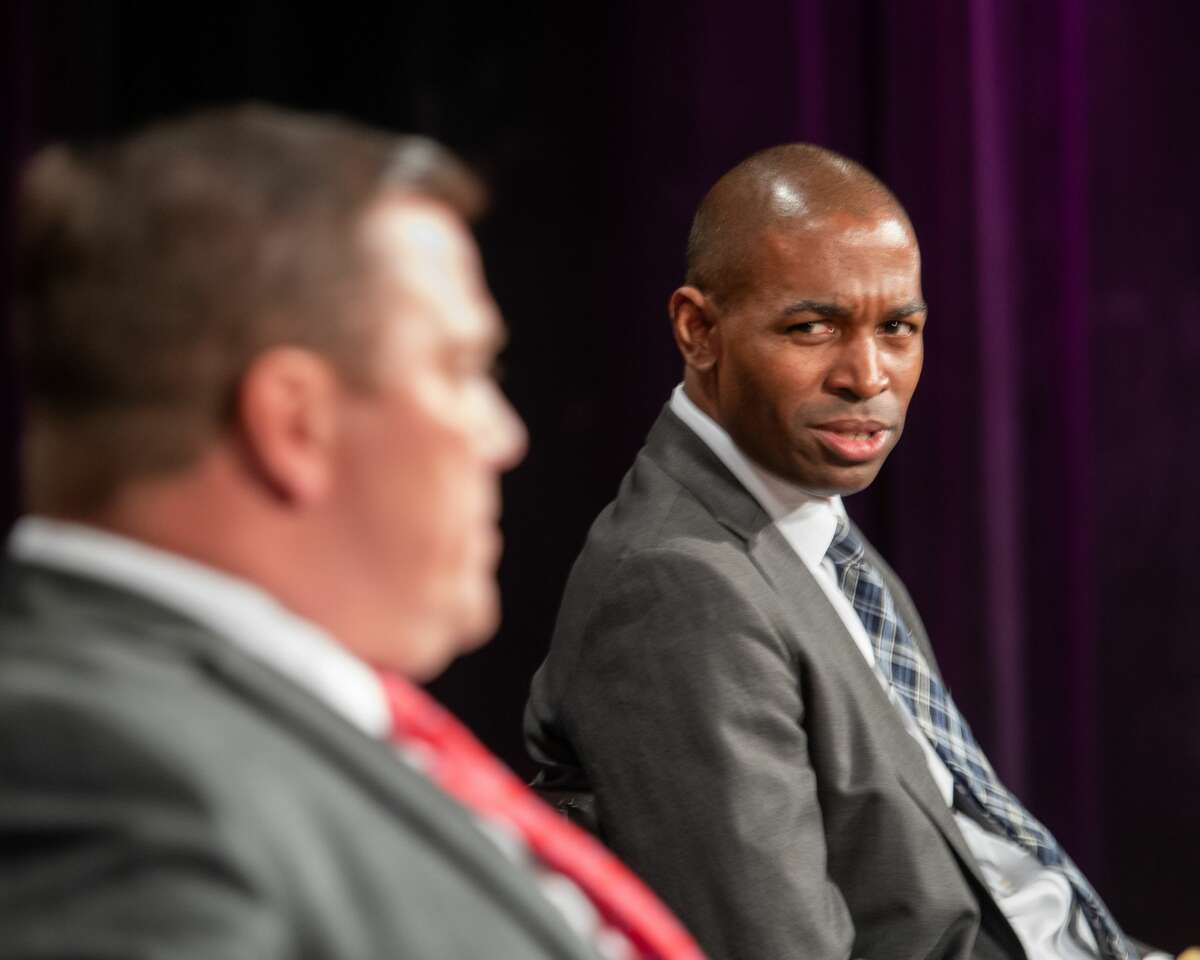U.S. Rep Antonio Delgado, D-19th District, (right) prior to a debate with his Republican challenger, Kyle Van De Water, at the WMHT studios in Troy, NY, on Thursday, Oct. 15, 2020 (Jim Franco/special to the Times Union.)