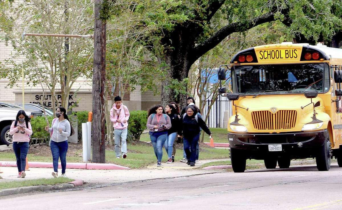 A bus drops off students outside the former South Park Middle School on the first day of BISD's second phase of reopening schools for in-person learning. Pre-kindergarten, kindergarten and 6th grades returned Monday. Photo taken Monday, September 28, 2020 Kim Brent/The Enterprise