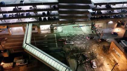 A view from at night to York Street at South Frontage Road in New Haven.