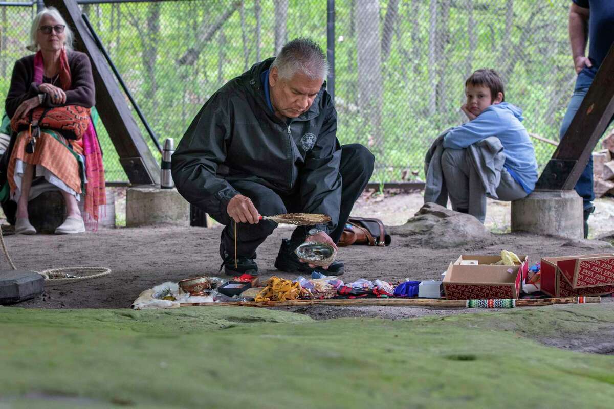 William Johnson, curator with the Ziibiwing Center of Anishinabe Culture and Lifeways, is pictured at a Little People Ceremony at the Sanilac Petrogyphs in 2019. (Michigan Department of Natural Resources/Courtesy Photo)