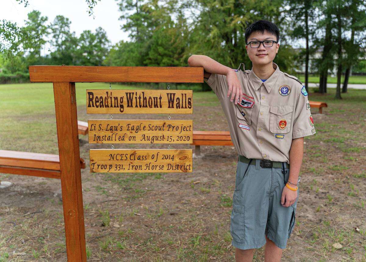 Li Lau, a former Spring ISD student, donated an outdoor library to Northgate Crossing Elementary School in October 2020 as part of an Eagle Scout service project.