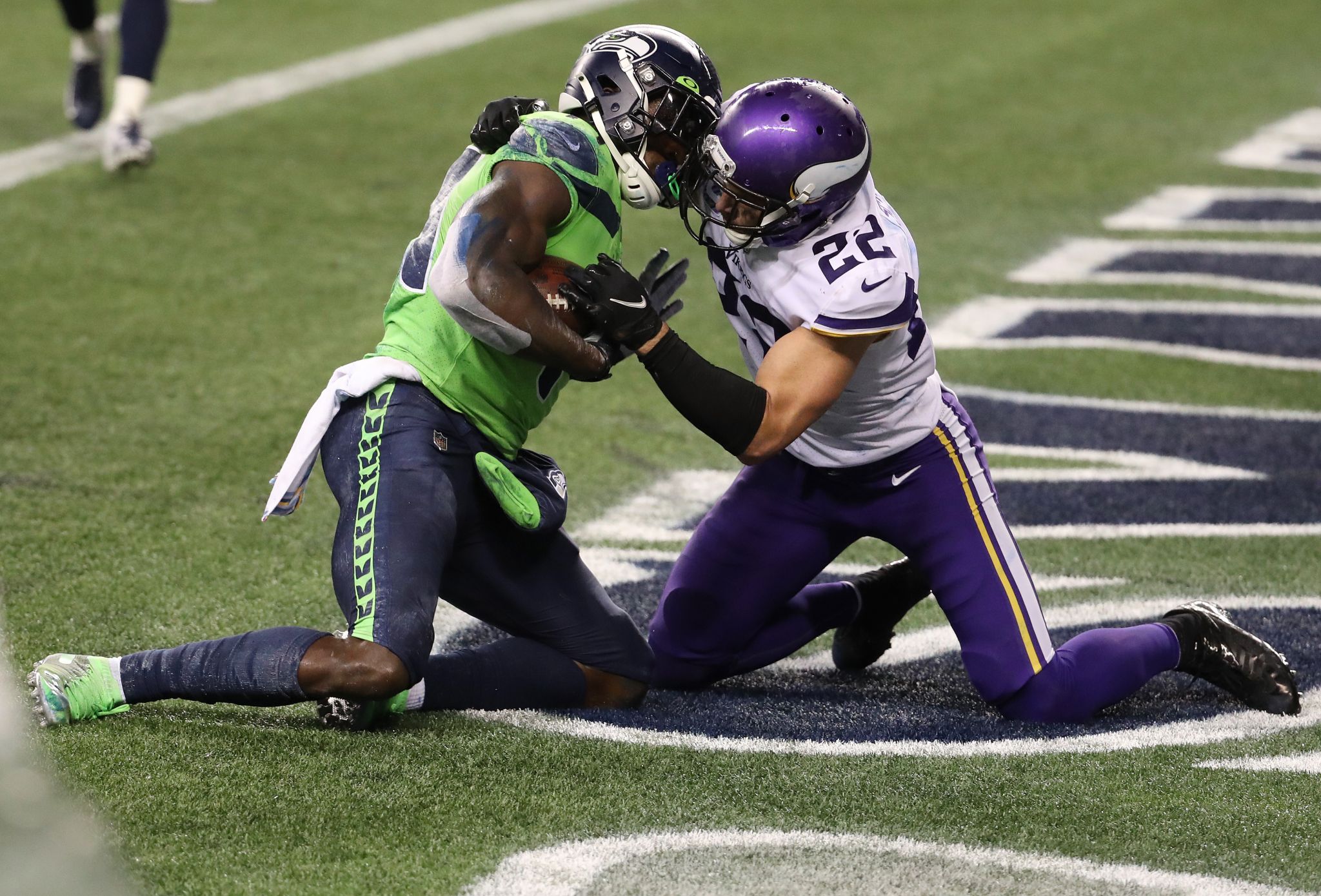 DETROIT, MI - SEPTEMBER 17: Seattle Seahawks Wide Receiver (14) DK Metcalf  catches a pass gets stopped just short of the goalline during the game  between Seattle Seahawks and Detroit Lions on