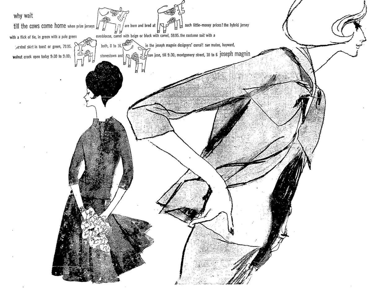 Fall fashions are on view in an ad by Joseph Magnin, an upscale clothing store, on Sept. 16, 1960.