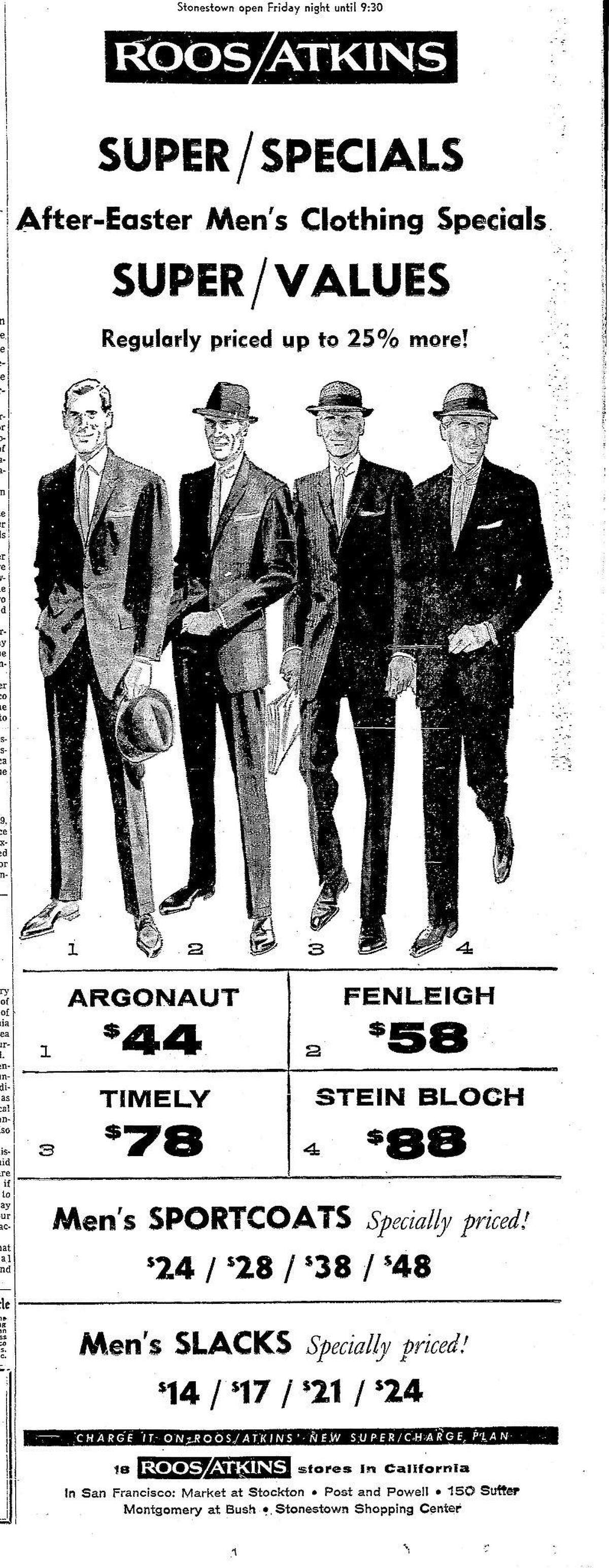 在这则1960年4月22日的广告中，以及那个时代的大多数广告中，男性都戴着帽子。到60年代中期，男装广告几乎没有帽子。