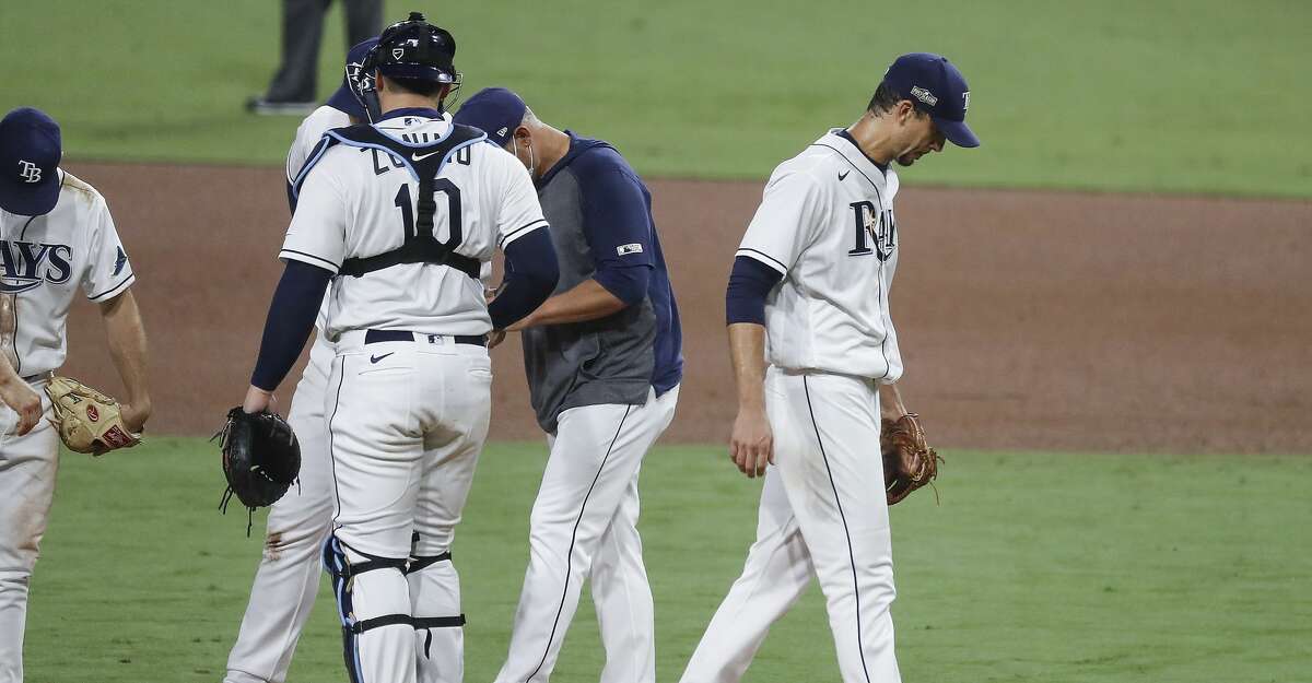 Tampa Bay Rays Charlie Morton walks off the mound after he was lifted from the game after a single by Houston Astros Jose Altuve during the sixth inning of Game 7 of the American League Championship Series at Petco Park Saturday, Oct. 17, 2020, in San Diego.