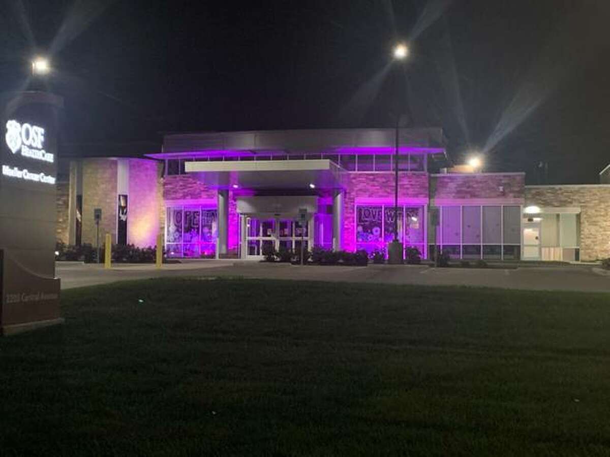 OSF Moeller Cancer Center in Alton in pink lights for Breast Cancer Awareness Month and the Light the Fight campaign