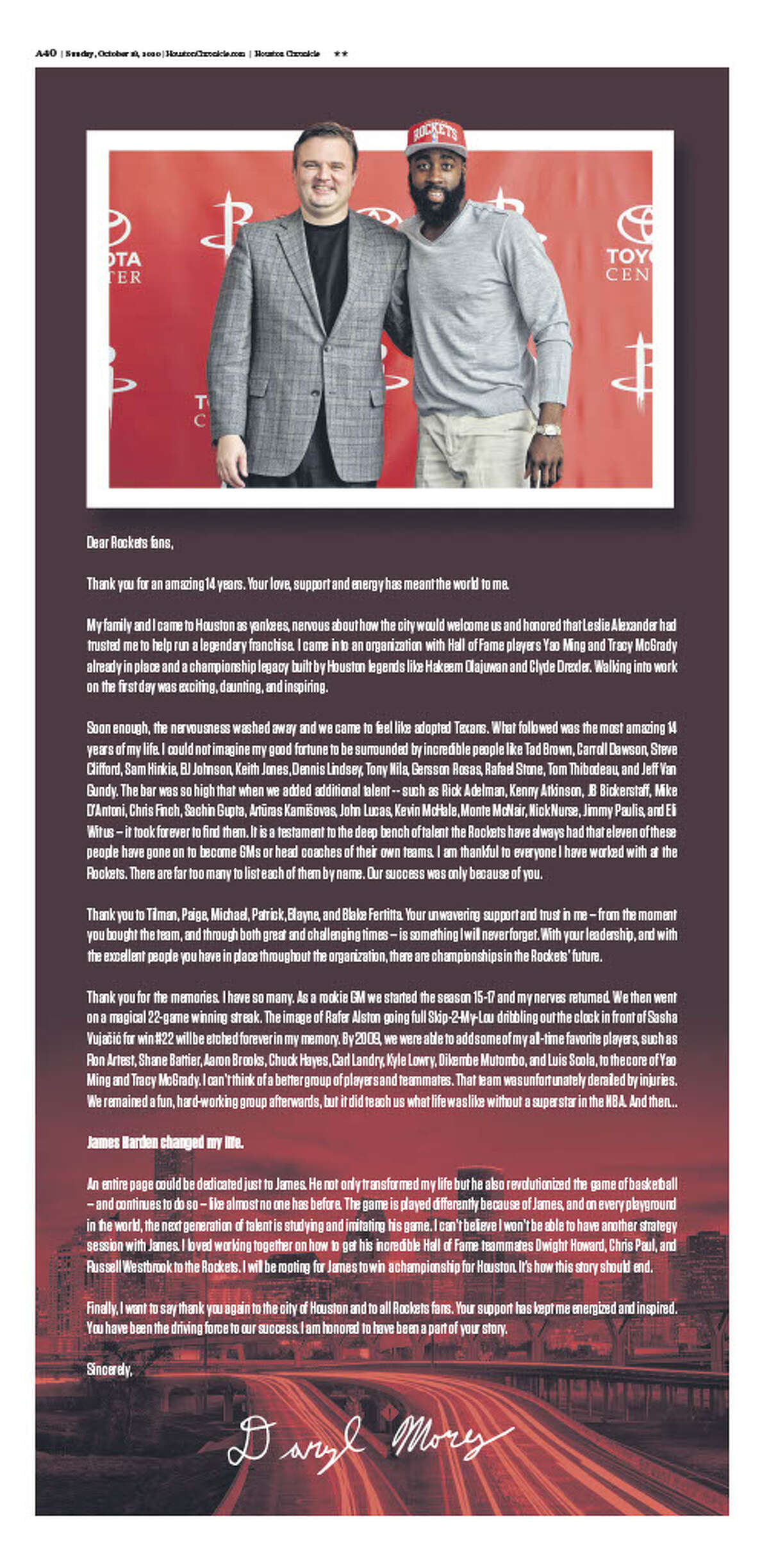 Daryl Morey took out a full-page ad in the Houston Chronicle on Sunday, Oct. 18, 2020, days after resigning as the Houston Rockets' general manager.