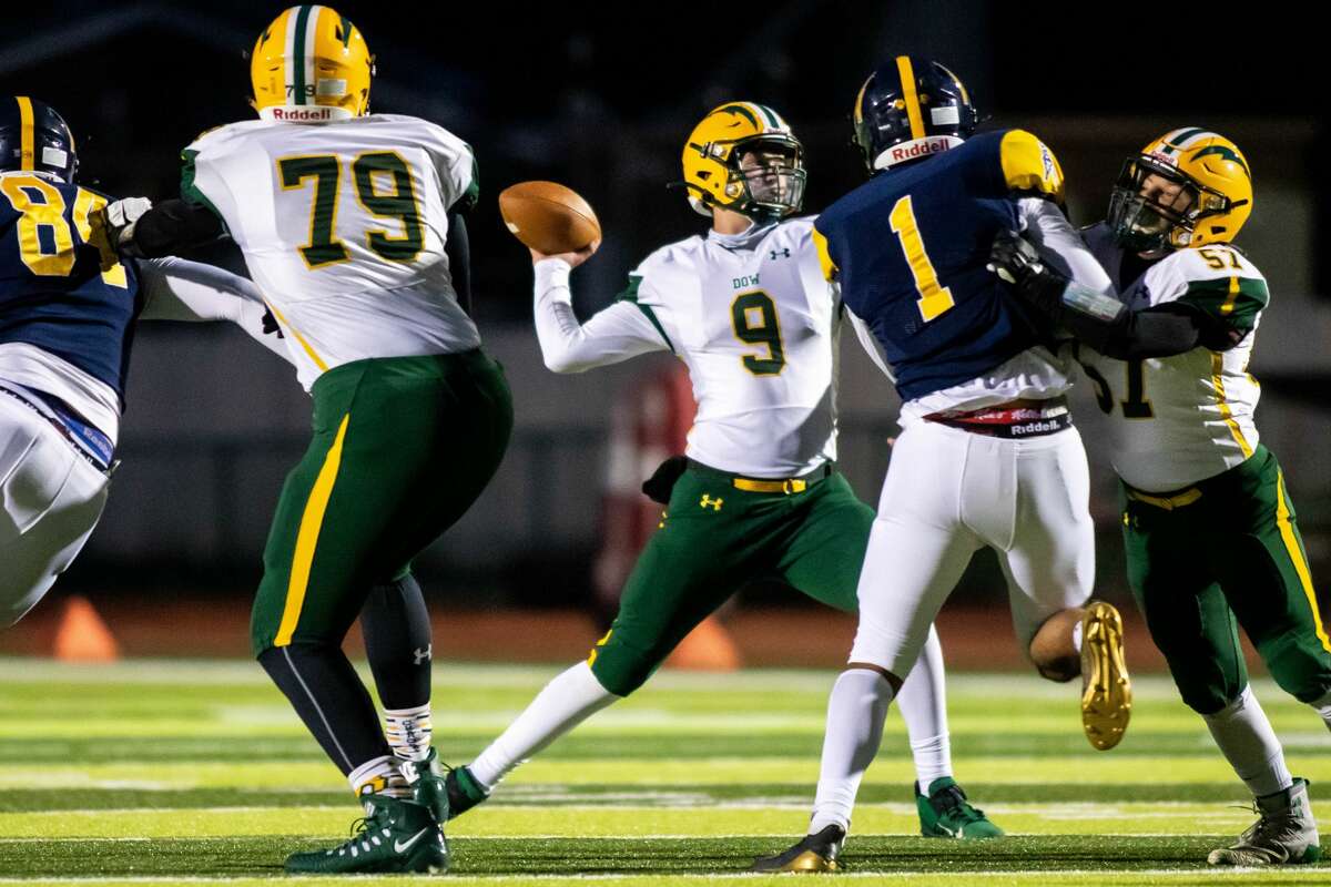 Dow's Jack Bakus throws the ball during a game against Mount Pleasant Saturday, Oct. 17 at the Mount Pleasant Community Memorial Stadium. (Cody Scanlan/for the Daily News)