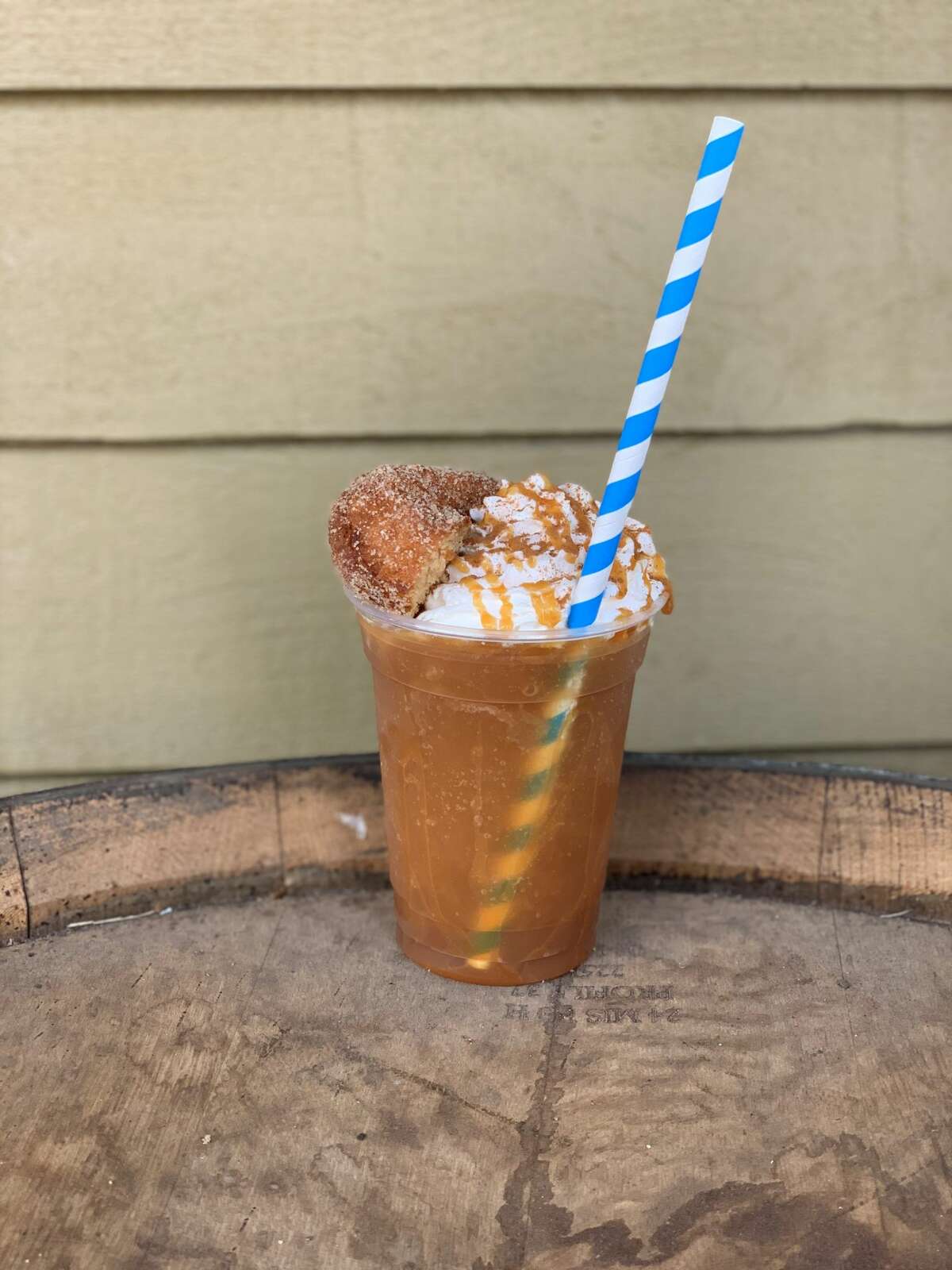 The apple cider frappe slushie, garnished with a piece of cider doughnut, from Windy Hill Orchard.