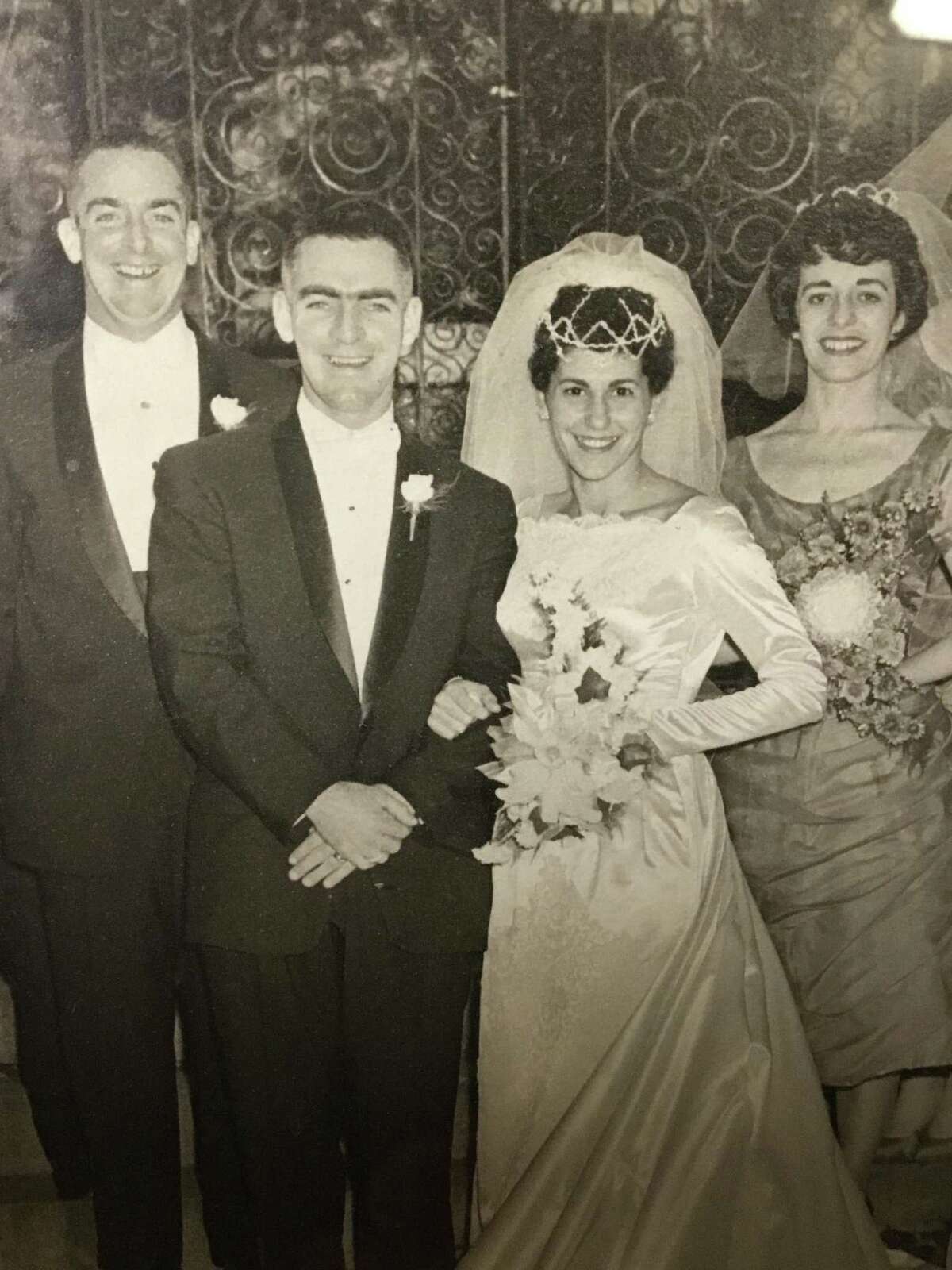Former Bridgeport Mayor Mary Moran and husband Stephen Moran will celebrate 60 years of marriage on Friday, Oct. 23. Mary served as Bridgeport's first elected female mayor from 1989-1991 and Stephen is a U.S. Navy veteran who is currently retired from Airborne Express after 15 years. The Morans relocated to Trumbull in 1995, and Mary then served for 10 years on the Trumbull Police Commission and five years as Trumbull's tax collector. They have three children and four grandchildren. A family dinner celebrating the occasion took place at a local restaurant. Pictured with the bride and groom are best man Charles Moran, Stephen's brother, and maid of honor Stella Chapar, Mary's sister-in-law.