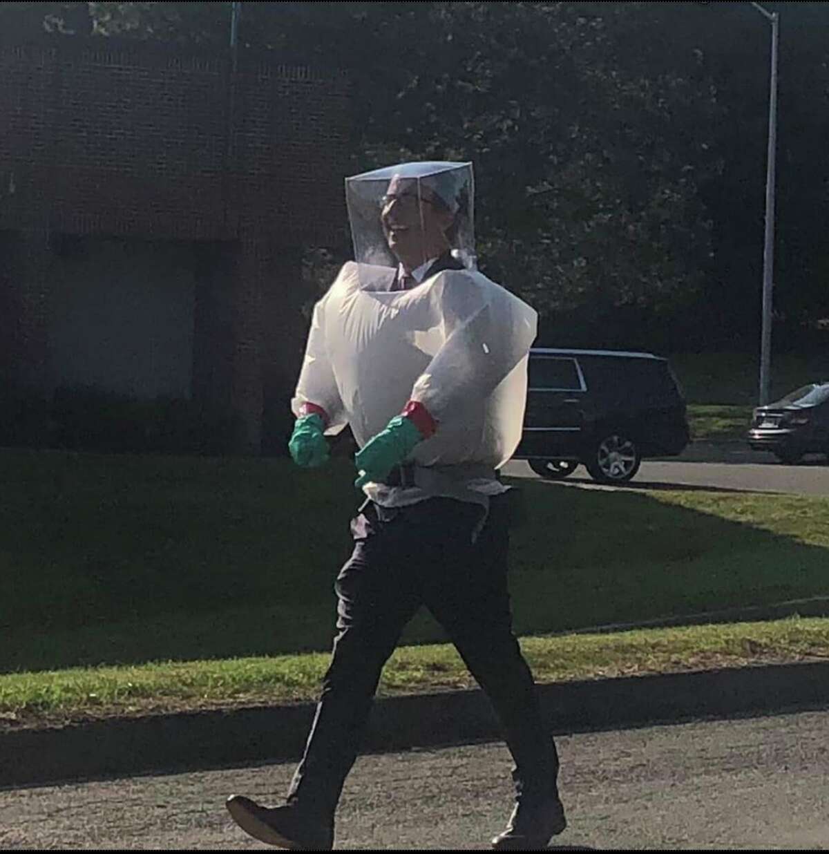 Danbury Mayor Mark Boughton posted this photo from Oct. 10 of John Oliver dressed as a "bubble boy" in Danbury. He captioned it: "Great and glorious visit by Mr. John Oliver." The video showed Oliver dressed in a sort of “Bubble Boy” suit and wearing a clear plastic box over his head for the ceremony. Oliver recalled on the show how his heart pounded as he prepared to meet his destiny. “And, to a lesser extent, Mayor Mark Boughton,” he said. After the mayor cut the ribbon, Oliver gleefully cheered. He said the sewage plant represented everything the country needs most right now.