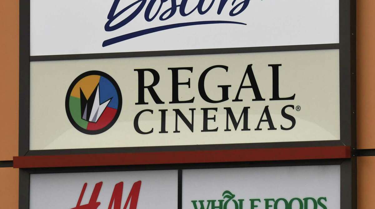A sign for Regal Cinemas movie theater at Colonie Center is seen on Monday, Oct. 19, 2020, on Wolf Road in Colonie, N.Y. The Colonie Center cinemas will reopen April 16, Regal announced.  (Will Waldron/Times Union)
