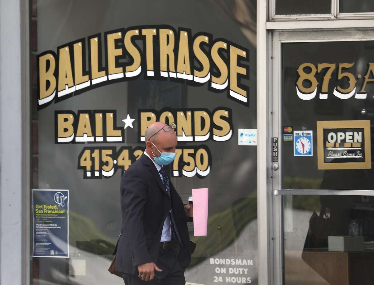 Front window of the Ballestrasse bail bond company across the street from the Hall of Justice seen on Tuesday, Sept. 22, 2020, in San Francisco, Calif.