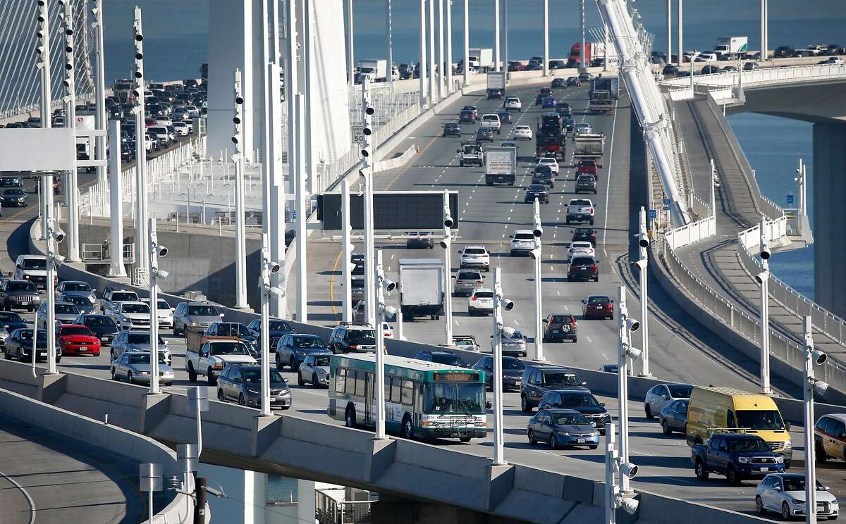 Traffic on the westbound lanes of the Bay Bridge in January, before the pandemic sharply reduced commuter traffic.