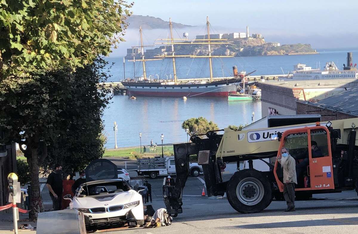 Production is underway for a reported Marvel movie in downtown San Francisco. In this photo, ramps and trucks are photographed ahead of a stunt scene on Larkin St. between North Point and Beach, just outside of the entrance to Ghiradelli Square.
